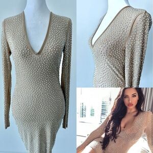 Dazzling Mesh Rhinestone Mini Dress – Nude, Long Sleeve, Sexy & Sheer – NWOT